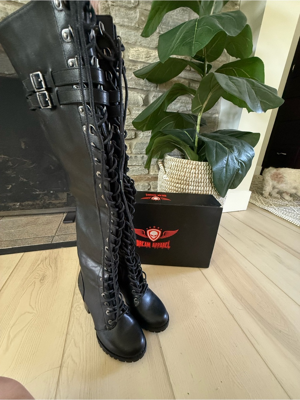 Dream Apparel Black Over-the-Knee Lace-Up Boots with Buckle Detail